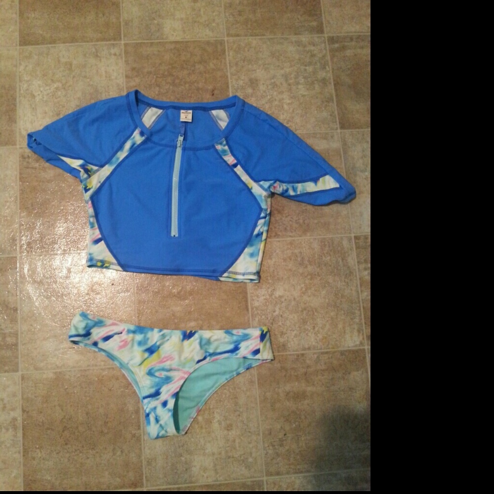 Hollister Blue Rash Guard Crop Top and Pastel Watercolor Bikini Bottoms